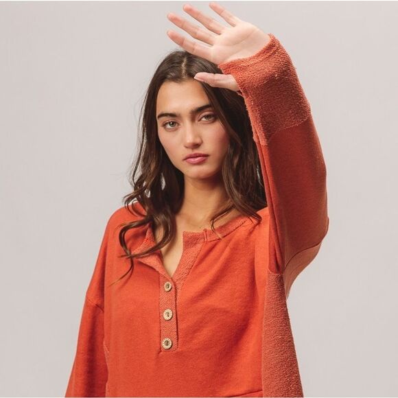 BiBi French Terry Knit Cozy Henley Long Sleeve Thumbhole Top Sz XL - Picture 10 of 11